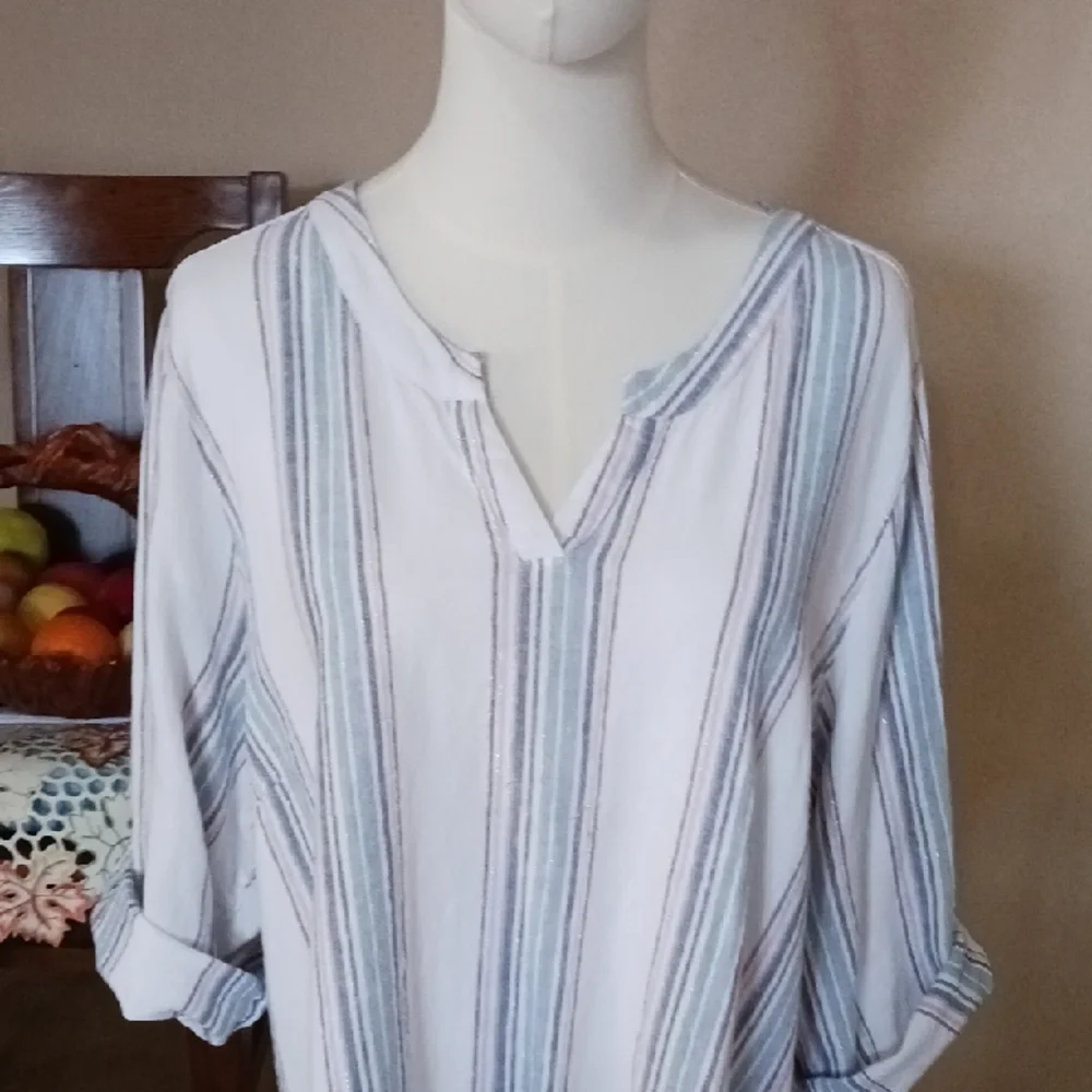 CJ Banks White and Blue Striped Blouse - Picture 1 of 8